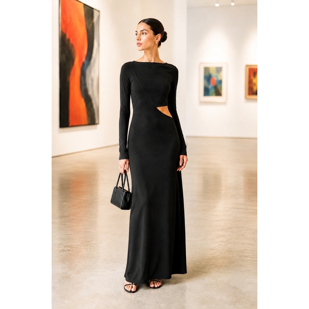 Paris Georgia Lola Black‎ Cutout Maxi Dress Gallery Opening Quiet Luxury S NWT